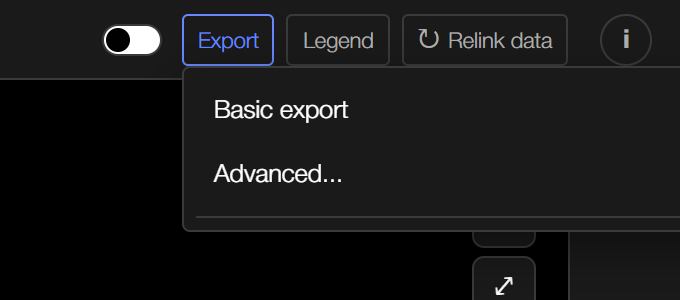 The Export menu open below the Export button, with Basic export and Advanced options.